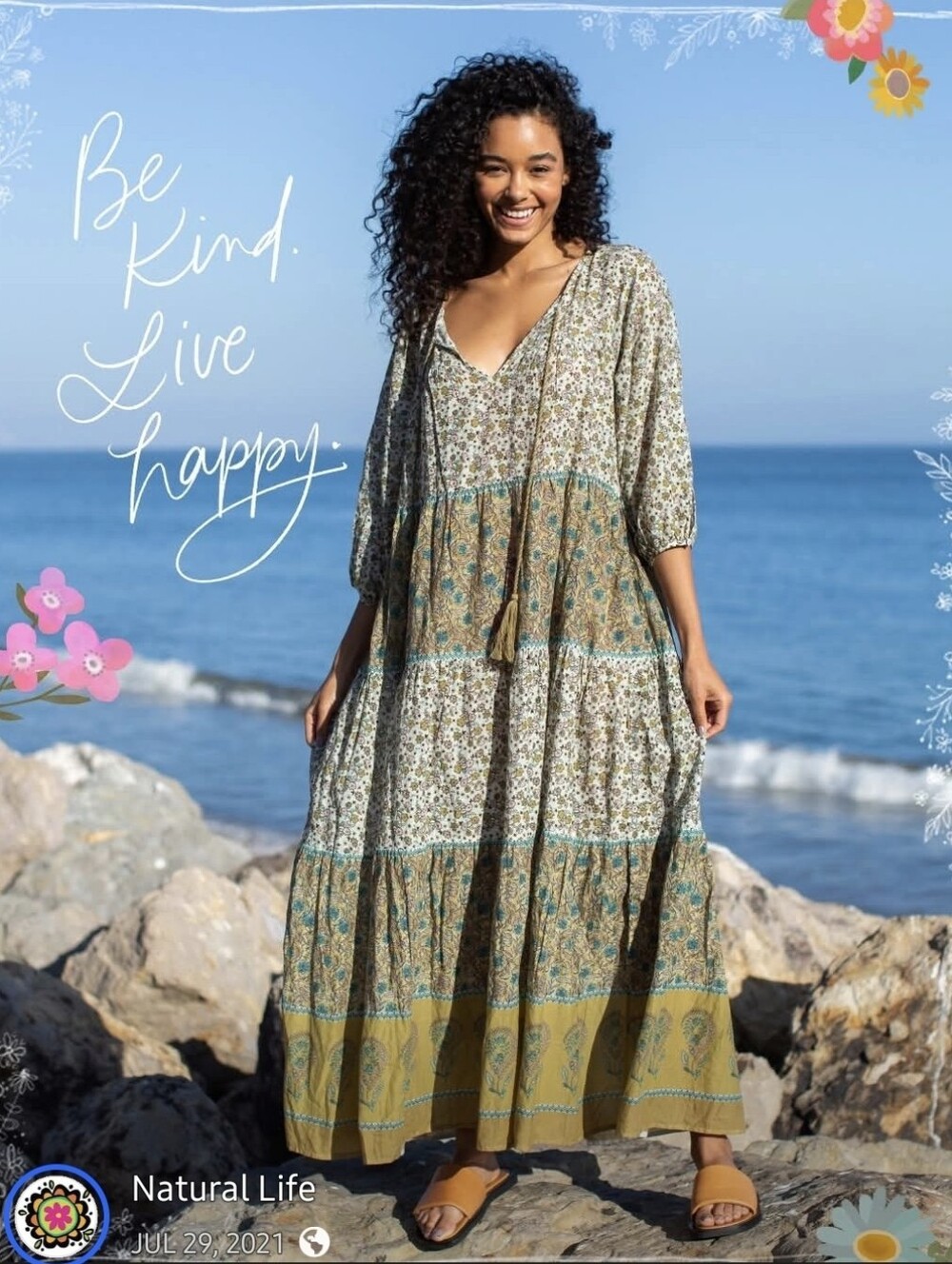 NATURAL LIFE Auguste Olive/ Mustard & Turquoise Floral Tiered Maxi Dress - Picture 6 of 6
